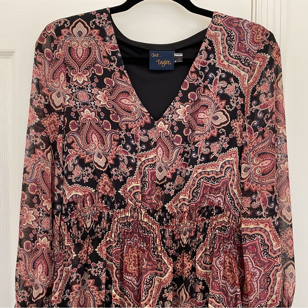 Just Taylor Midi Dress Boho Paisley Floral Flowy Ruffle V Neck Lined Fall 10